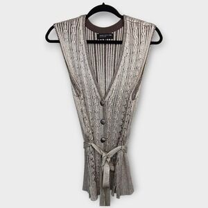 Jones NY Womens Vest Sz‎ M Knit Belted Button Shiny Silver Braided Weave Long